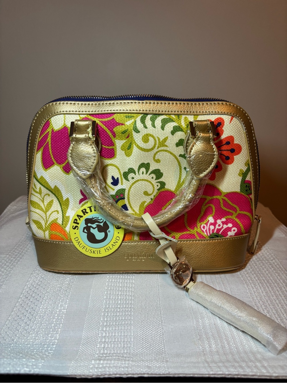 Spartina 449 Floral Canvas Dome Satchel - Gold, Pink, Green, Orange